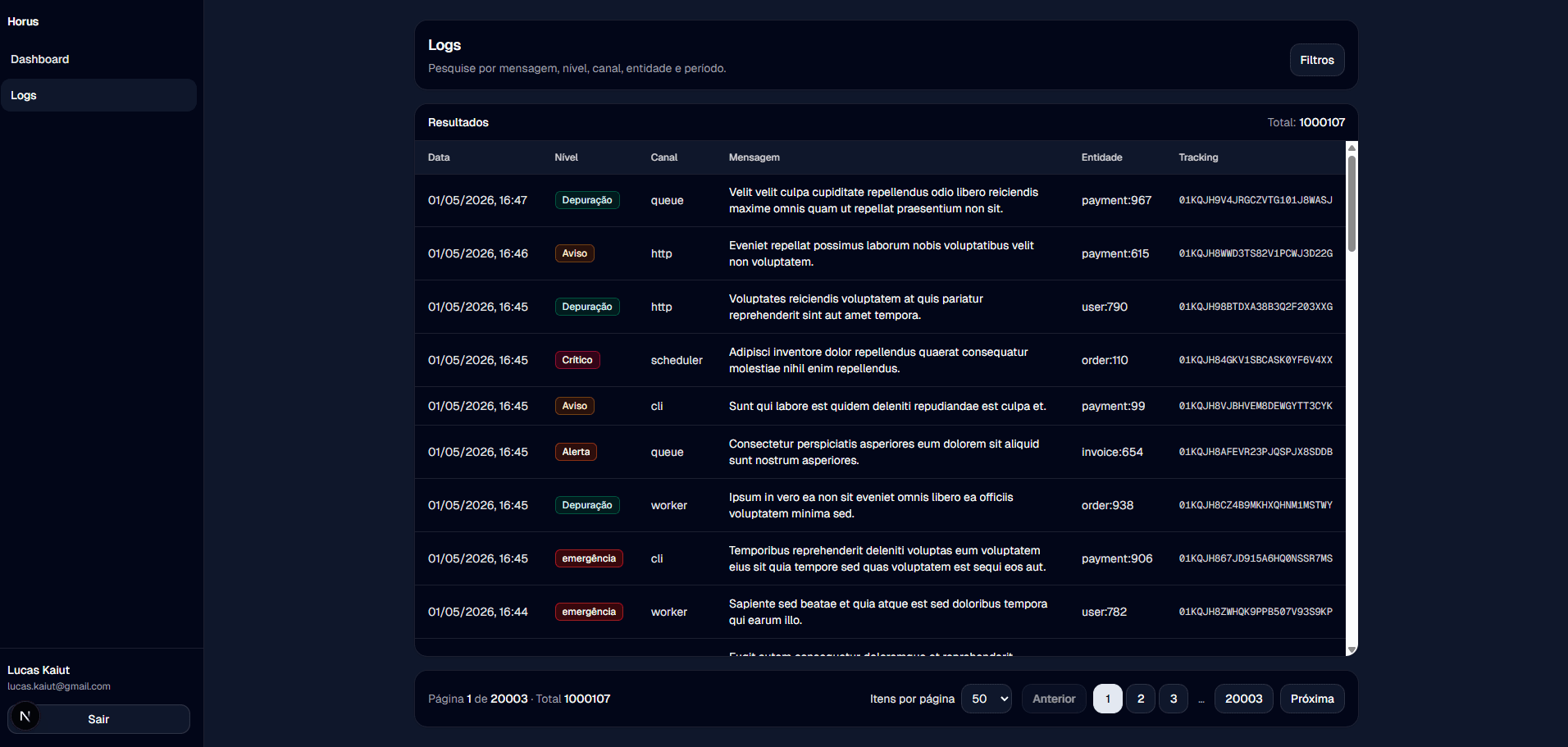 Listagem de logs Horus com colunas, níveis e linha selecionada